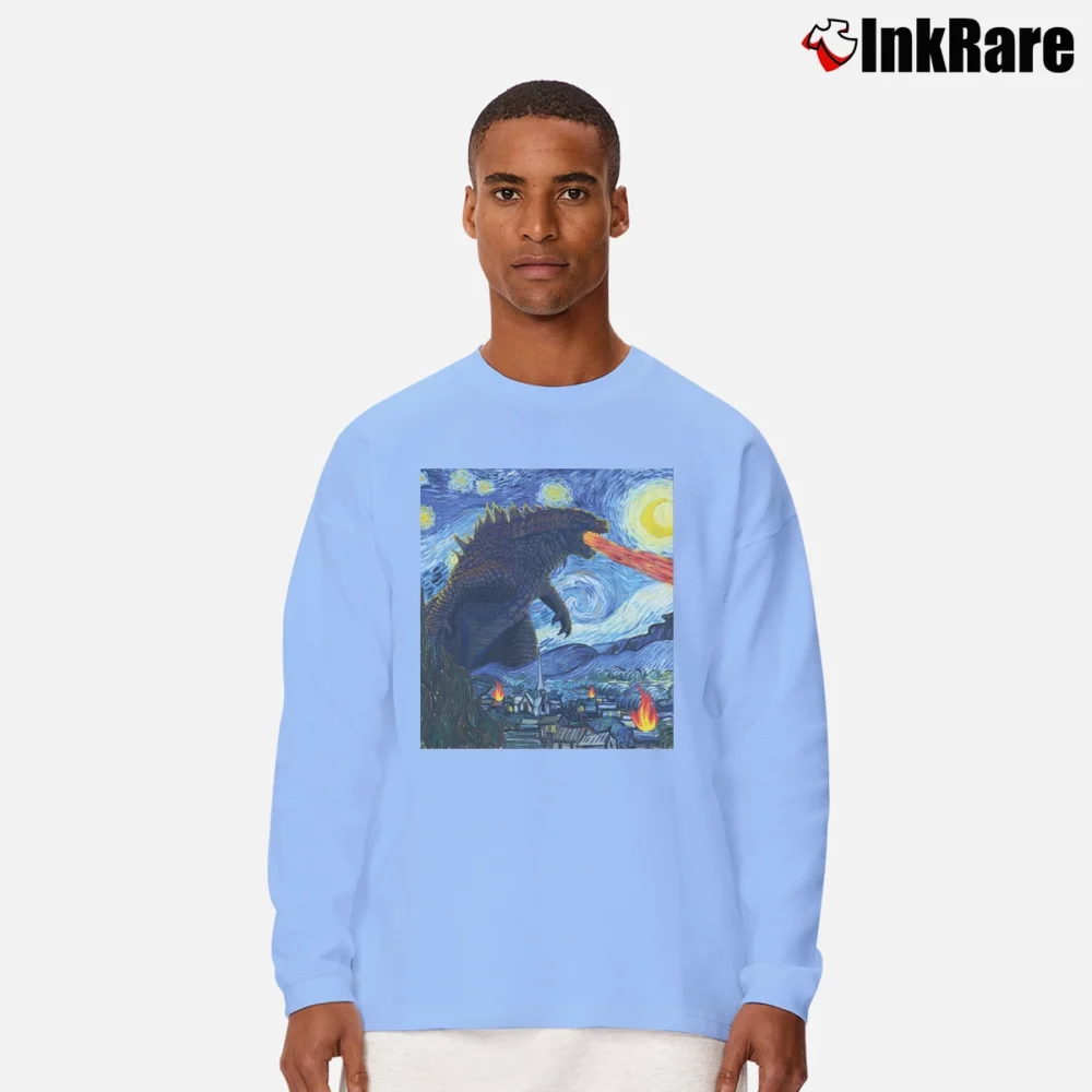 Men’s Vincent Van Gogh Starry Night Godzilla Art Long-Sleeve Shirt in light blue | Sleek, Lightweight, Year-Round Wear