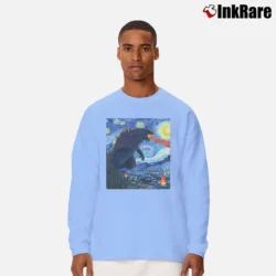 Men’s Vincent Van Gogh Starry Night Godzilla Art Long-Sleeve Shirt in light blue | Sleek, Lightweight, Year-Round Wear