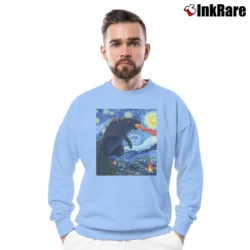 Men’s Vincent Van Gogh Starry Night Godzilla Art Crewneck Sweatshirt in light blue | Cozy Fabric, Clean Style