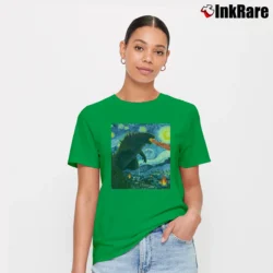 Women’s Vincent Van Gogh Starry Night Godzilla Art Signature T-Shirt in irish green | Soft, Flattering Fit