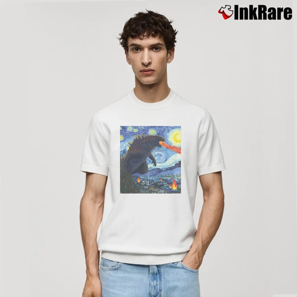 Men’s Vincent Van Gogh Starry Night Godzilla Art Classic T-Shirt in white | Soft, Breathable Everyday Wear