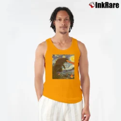 Men’s Vincent Van Gogh Starry Night Godzilla Art Tank Top in orange | Breathable, Active-Friendly Design