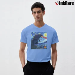 Men’s Vincent Van Gogh Starry Night Godzilla Art V-Neck Tee in light blue | Sharp, Breathable, Everyday Staple