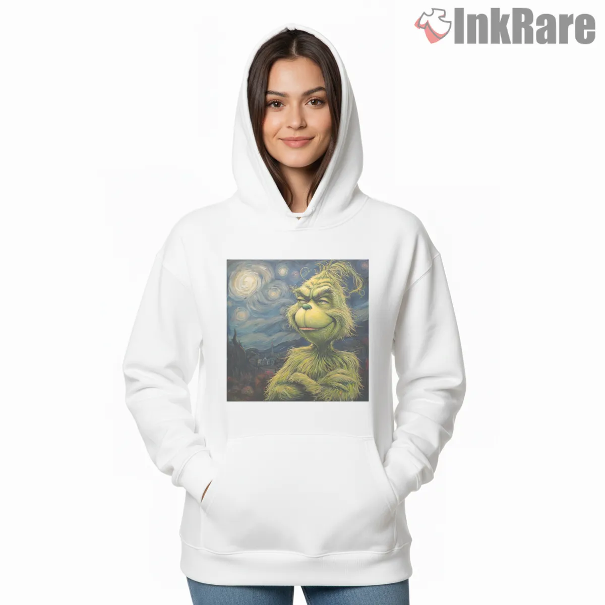 Vincent Van Grinch Starry Night Parody Shirt on white hoodie for women graphic tee