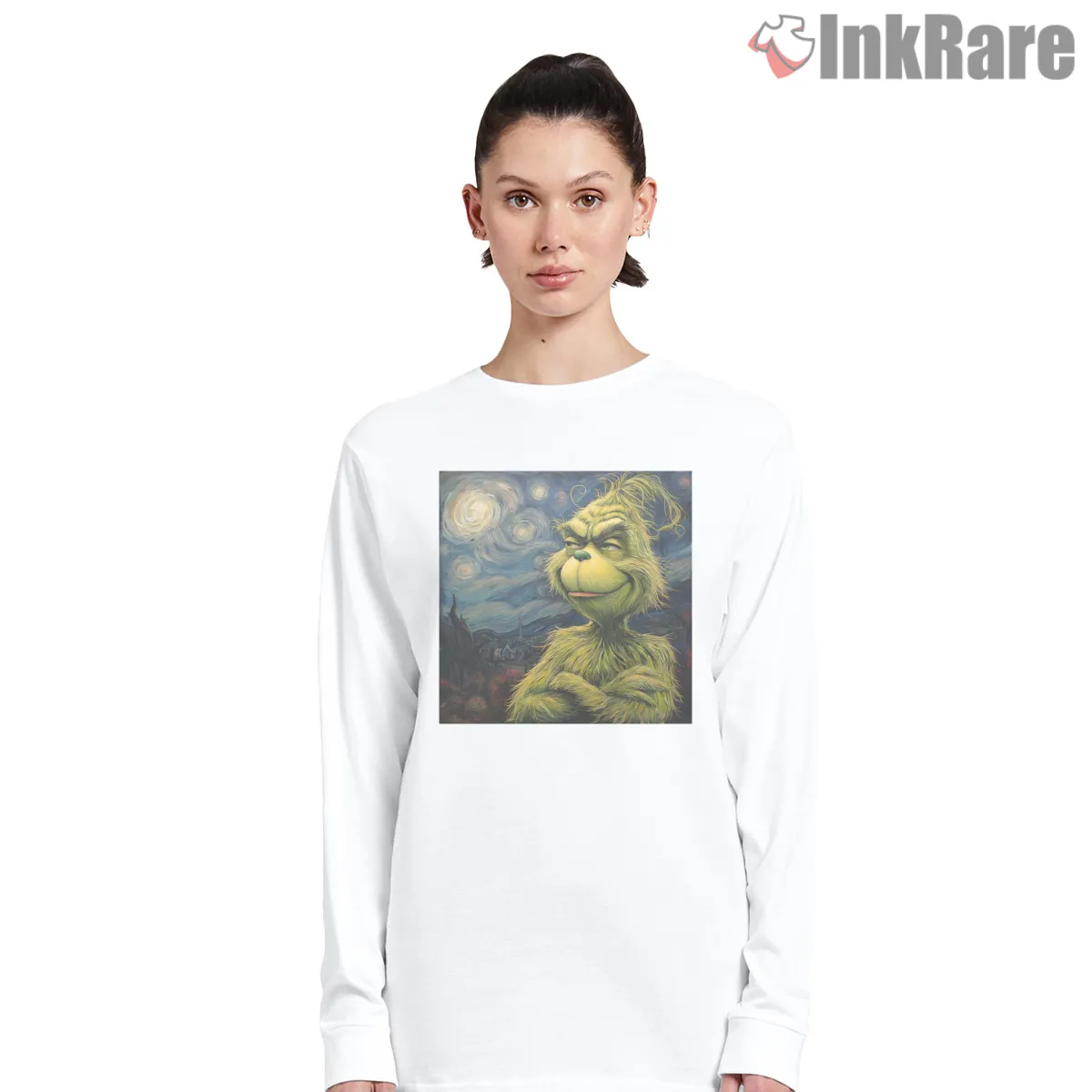 Vincent Van Grinch Starry Night Parody Long Sleeve White Vincent Van Grinch Starry Night Parody Shirt on white long sleeve shirt for women graphic tee