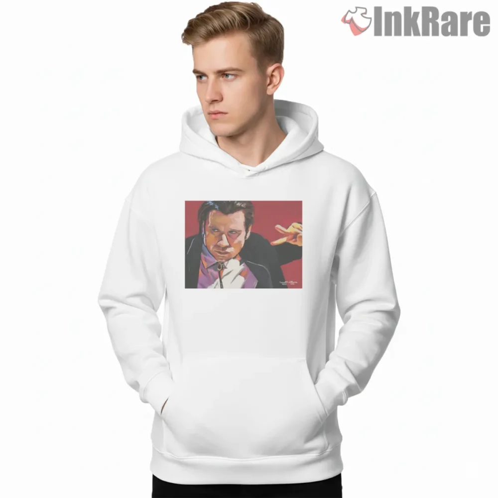 Vincent Vega Cinematic Portrait Shirt on white hoodie for men graphic tee