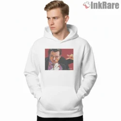 Vincent Vega Cinematic Portrait Shirt on white hoodie for men graphic tee