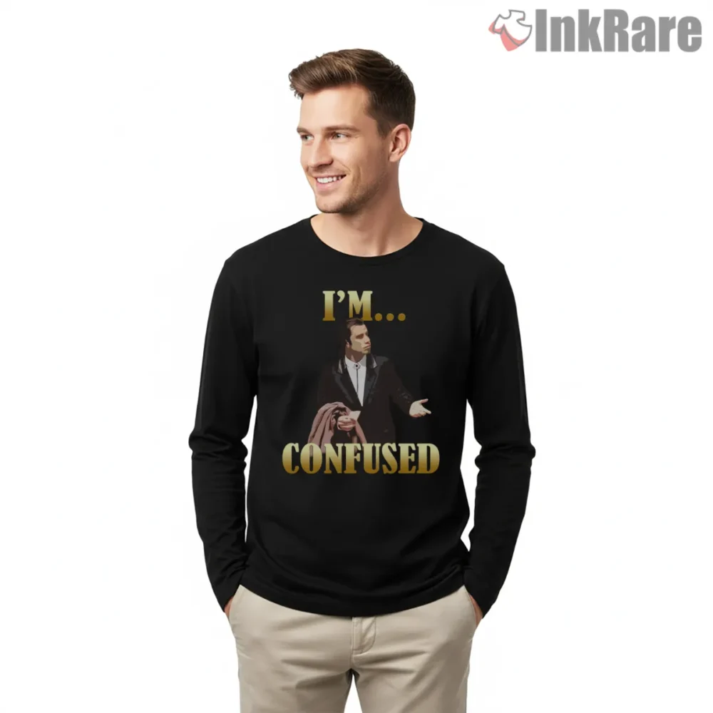 Vincent Vega Confused Meme Shirt on black long sleeve shirt for men graphic tee