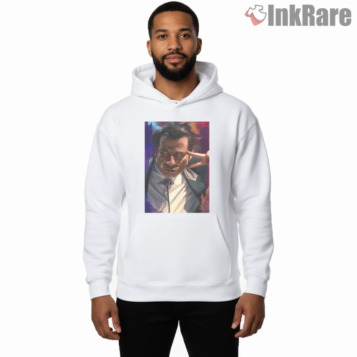Vincent Vega Electric Gallery Shirt on white hoodie for men graphic tee