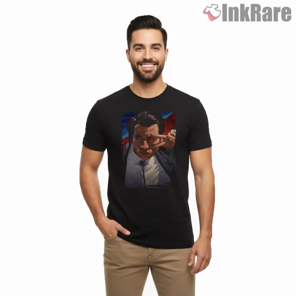Vincent Vega Peace Gesture Art Shirt on black short sleeve shirt for men graphic tee