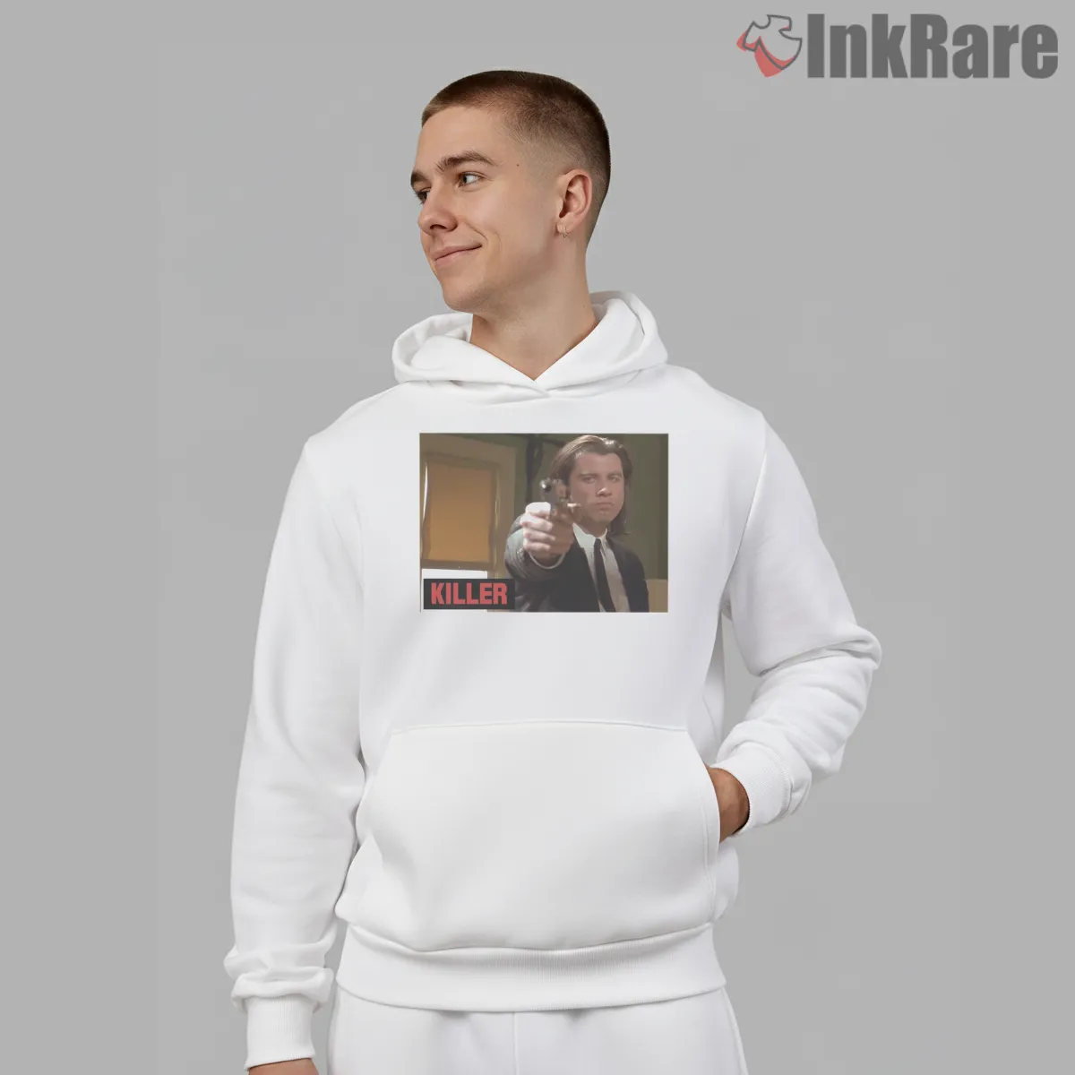 Vincent Vega Point Blank Moment Shirt on white hoodie for men graphic tee