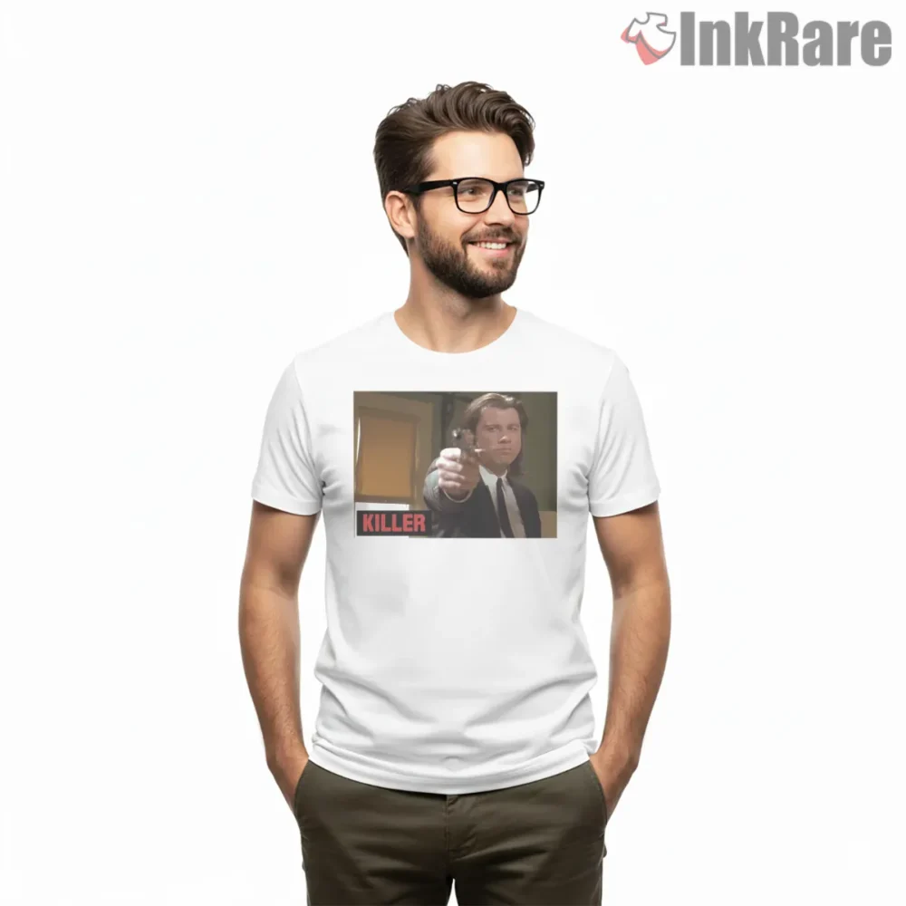 Vincent Vega Point Blank Moment Shirt on white short sleeve shirt for men graphic tee