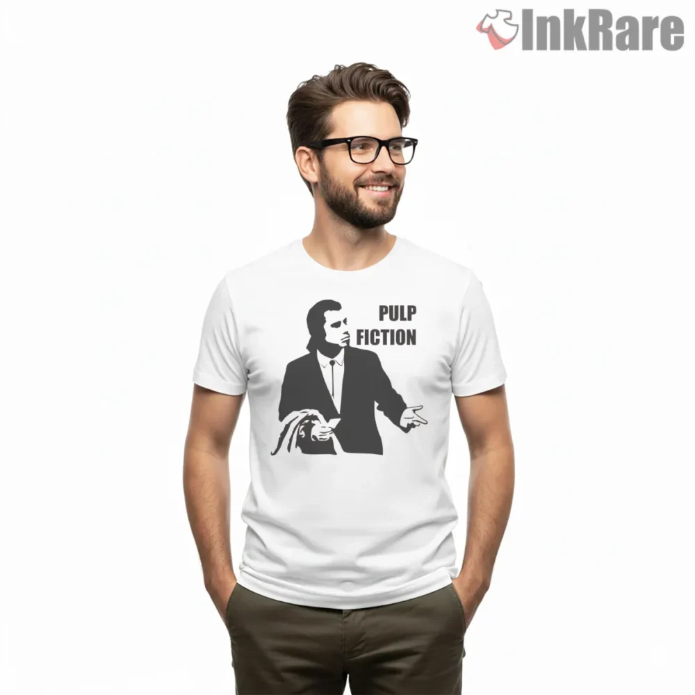 Vincent Vega Pulp Fiction Minimalist Icon Shirt on white short sleeve shirt for men graphic tee