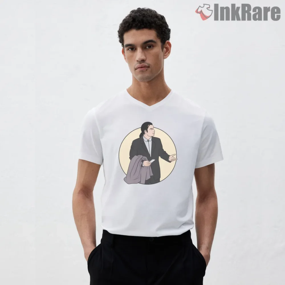 Vincent Vega Waiting In The Lobby Shirt on white v-neck shirt for men graphic tee
