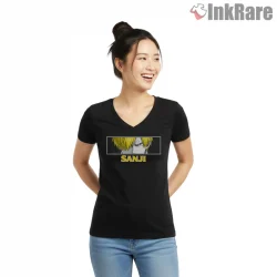 Vinsmoke Sanji Cool Chef Warrior Anime Shirt on black v-neck shirt for women graphic tee