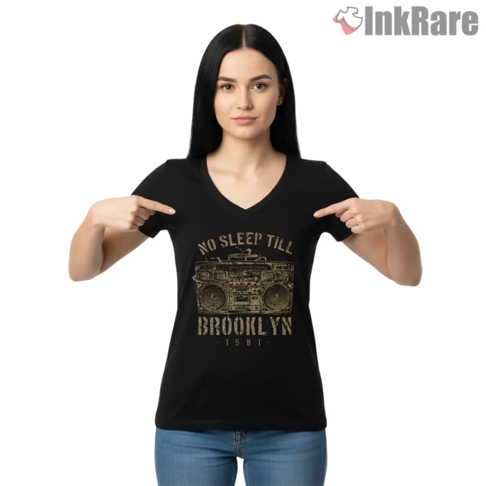 Vintage 1981 No Sleep Till Brooklyn Boombox Shirt on black v-neck shirt for women graphic tee