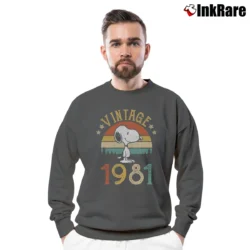 Men’s Vintage 1981 Snoopy Birthday Gift Crewneck Sweatshirt in charcoal | Cozy Fabric, Clean Style