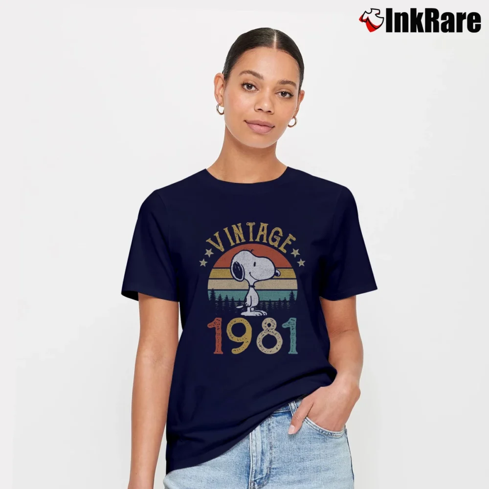 Women’s Vintage 1981 Snoopy Birthday Gift Signature T-Shirt in navy | Soft, Flattering Fit