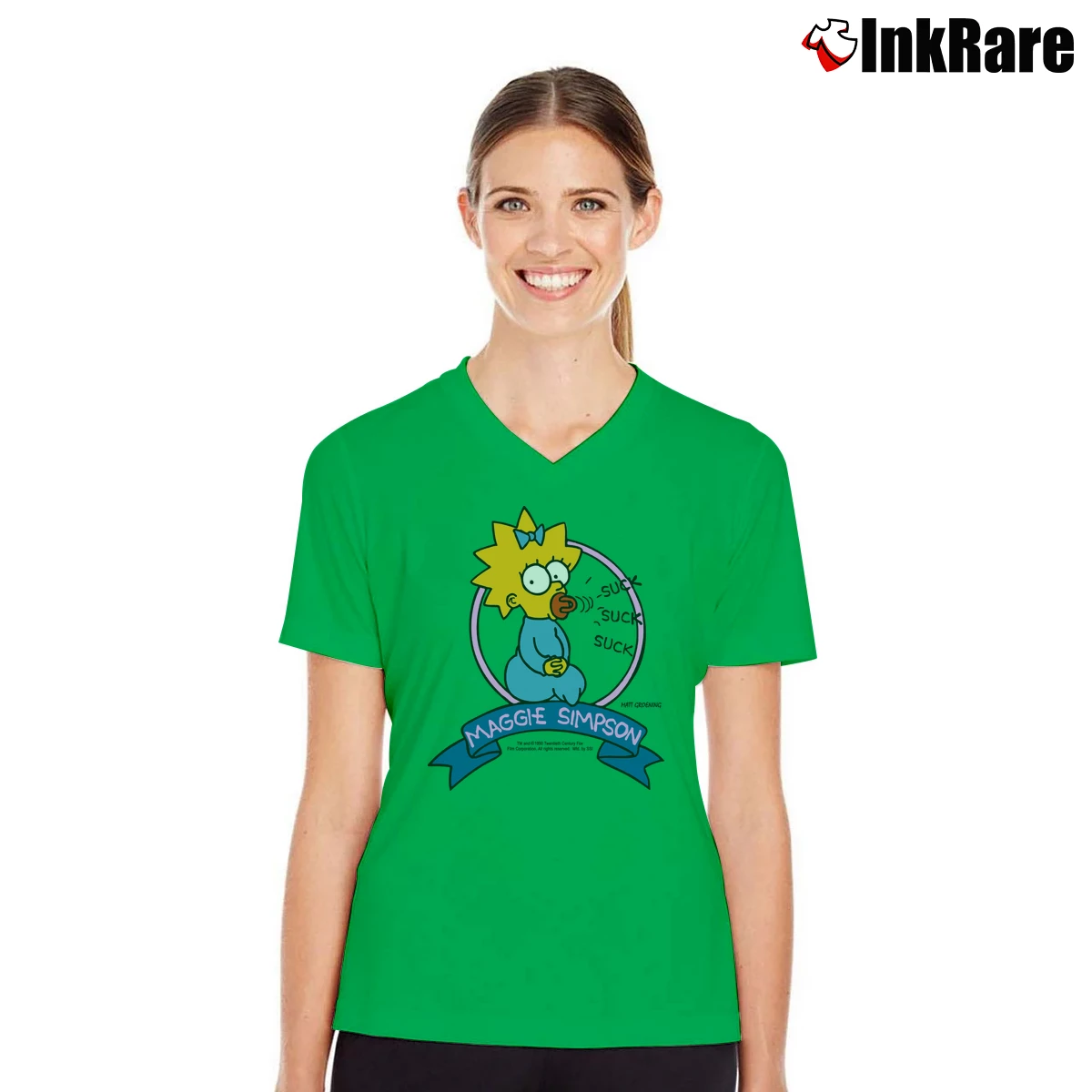 Women’s Vintage 1990 The Simpsons Maggie Simpson V-Neck Tee in irish green | Chic Neckline, Soft Texture