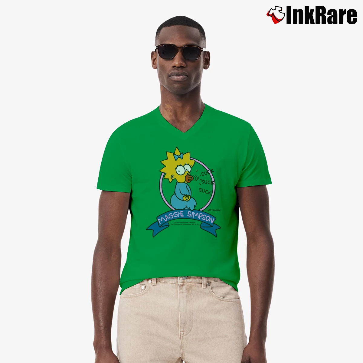 Men’s Vintage 1990 The Simpsons Maggie Simpson V-Neck Tee in irish green | Sharp, Breathable, Everyday Staple