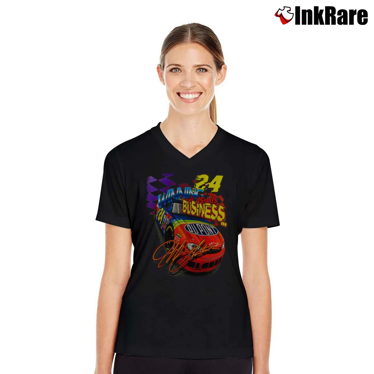 Vintage 1999 Nascar Jeff Gordon Winning Is His Business Women’s V-Neck Tee in black – Flattering Fit Women’s Vintage 1999 Nascar Jeff Gordon Winning Is His Business V-Neck Tee in black | Chic Neckline, Soft Texture
