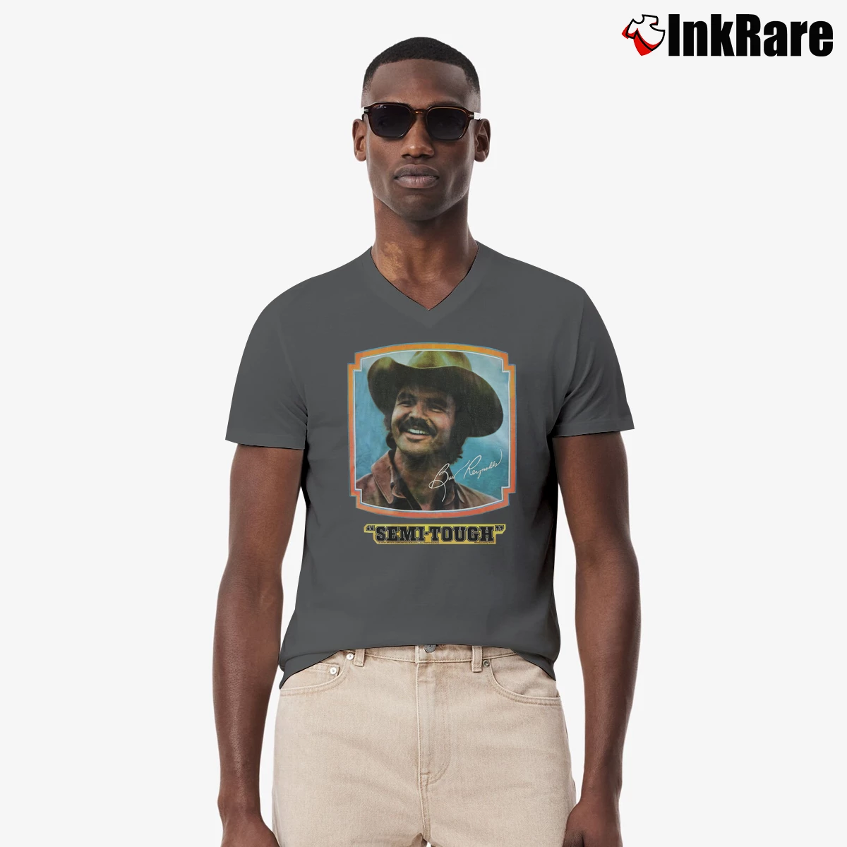 Vintage 70s Burt Reynolds Semi Tough Men’s V-Neck Tee in charcoal – Modern Essential Men’s Vintage 70s Burt Reynolds Semi Tough V-Neck Tee in charcoal | Sharp, Breathable, Everyday Staple