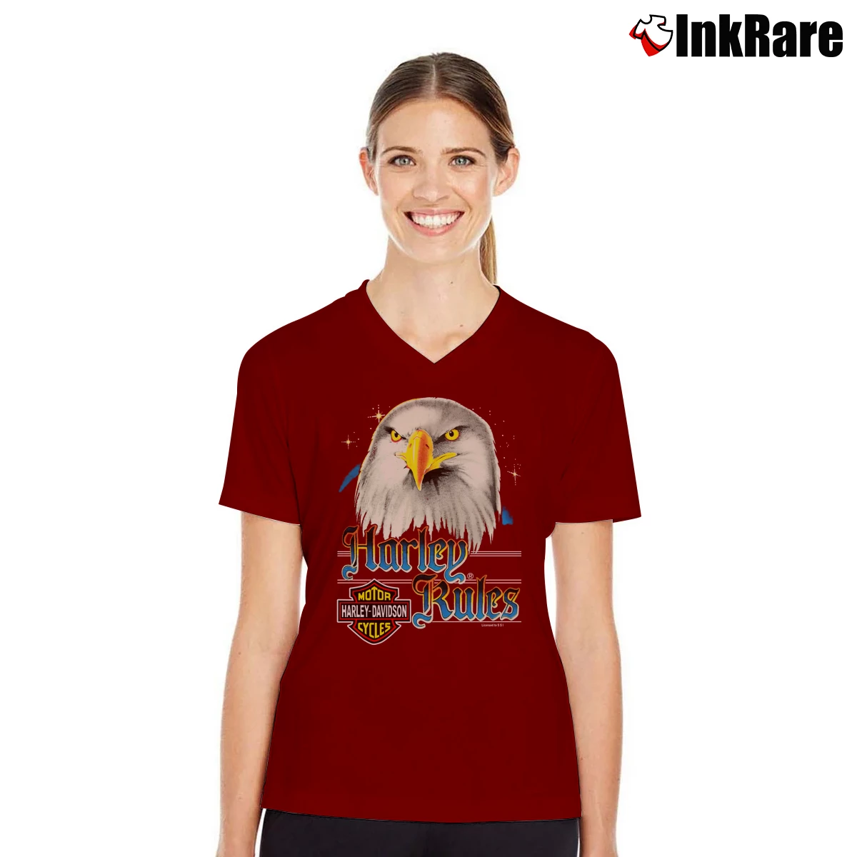 Vintage 80s Harley Davidson Righteous Ruler Eagle Women’s V-Neck Tee in maroon – Flattering Fit Women’s Vintage 80s Harley Davidson Righteous Ruler Eagle V-Neck Tee in maroon | Chic Neckline, Soft Texture