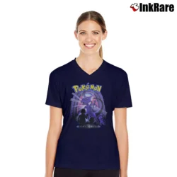 Women’s Vintage 90s Pokemon Movie Promo Mewtwo Training Is Over V-Neck Tee in navy | Chic Neckline, Soft Texture
