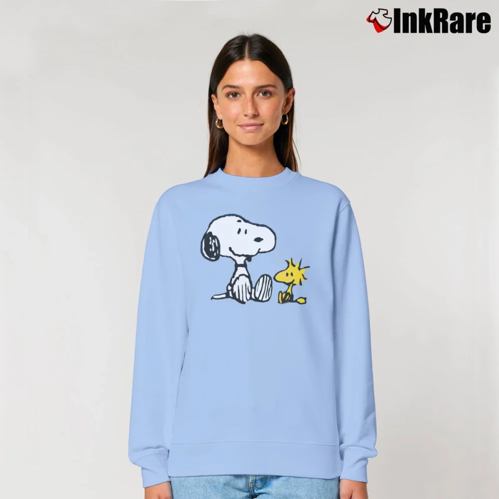 Women’s Vintage 90s Snoopy And Woodstock Peanuts Graphic Relaxed Sweatshirt in light blue | Soft, Laid-Back Vibe