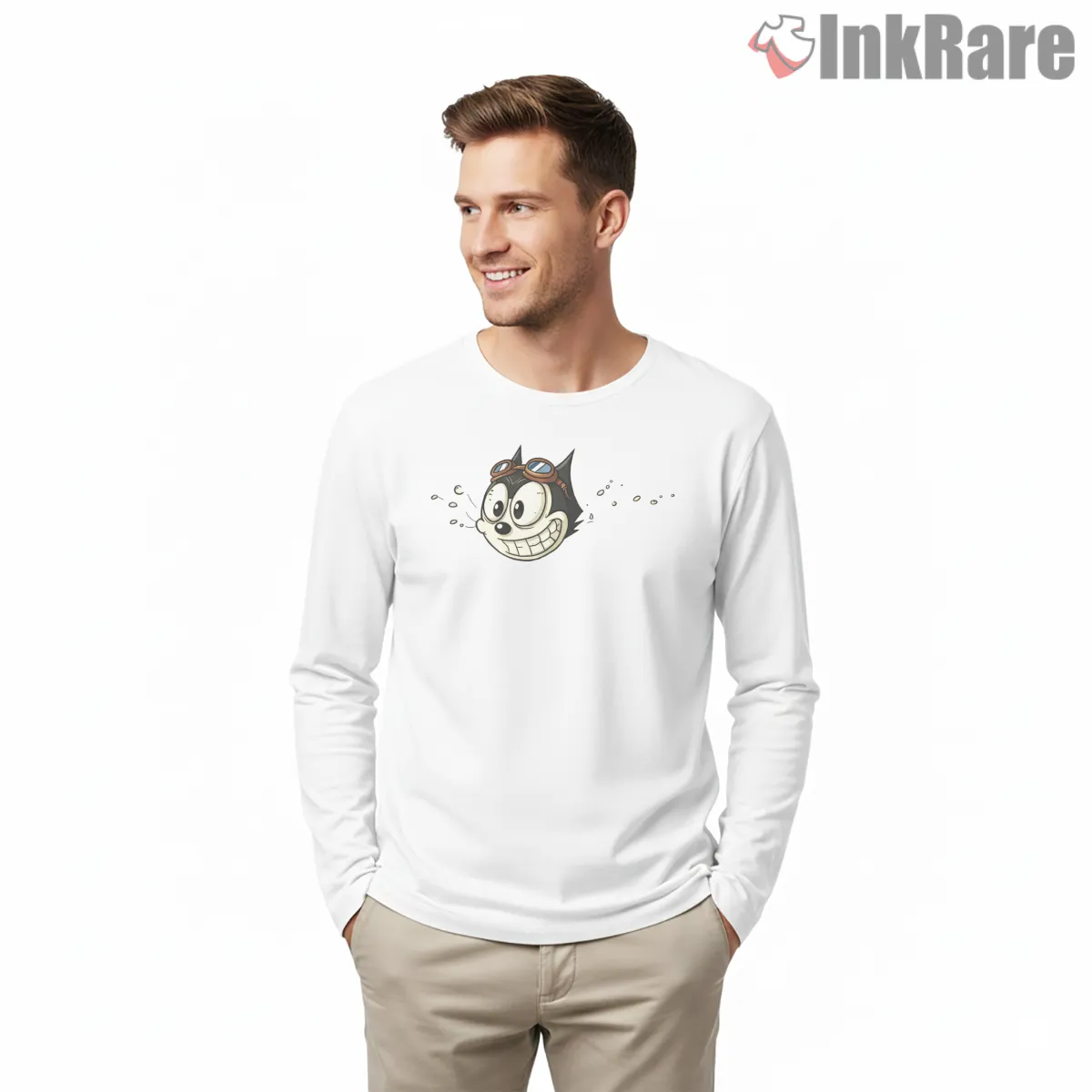 Vintage Aviator Felix The Cat Pilot Shirt on white long sleeve shirt for men graphic tee
