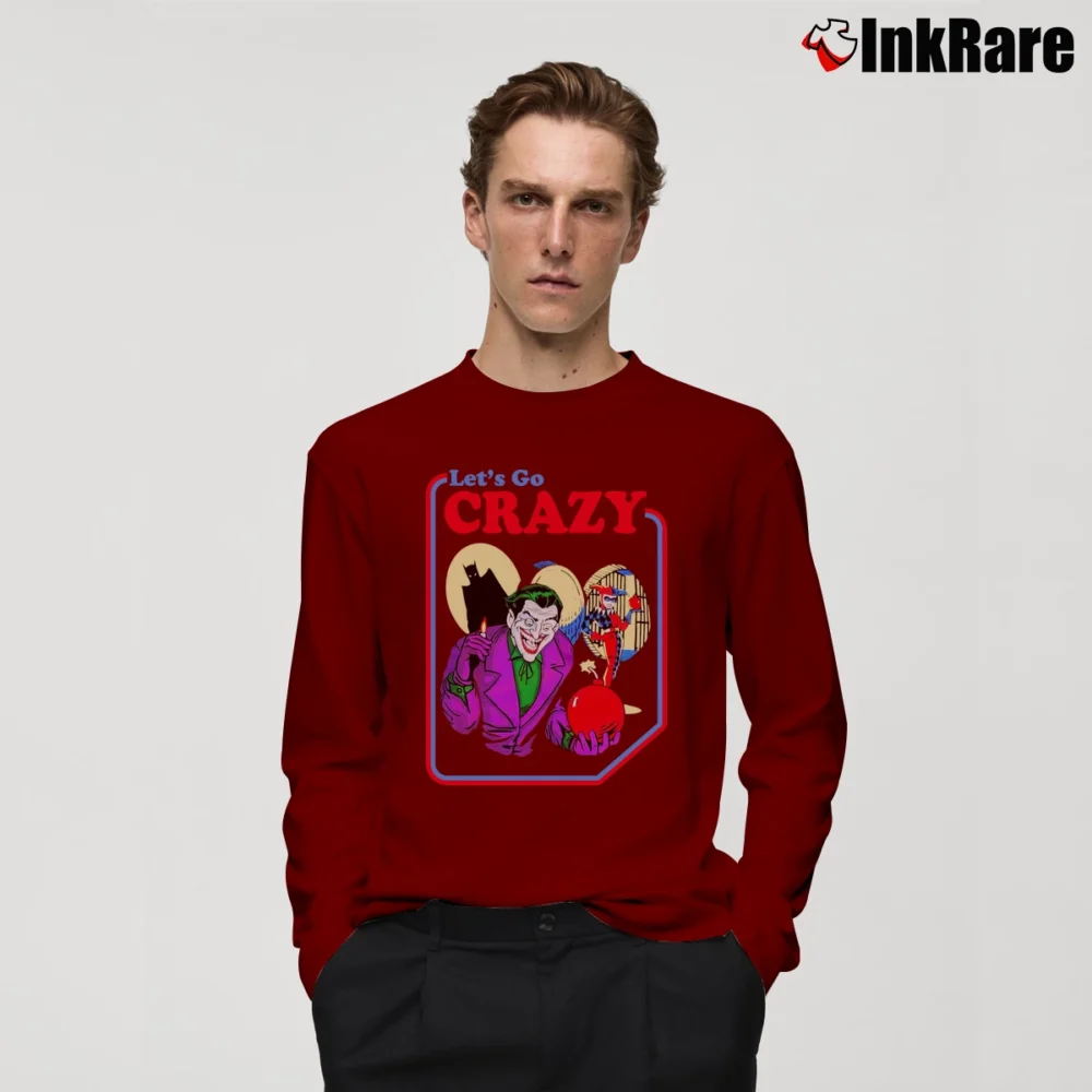 Men’s Vintage Batman Joker Harley Quinn Let's Go Crazy Long-Sleeve Shirt in maroon | Sleek, Lightweight, Year-Round Wear