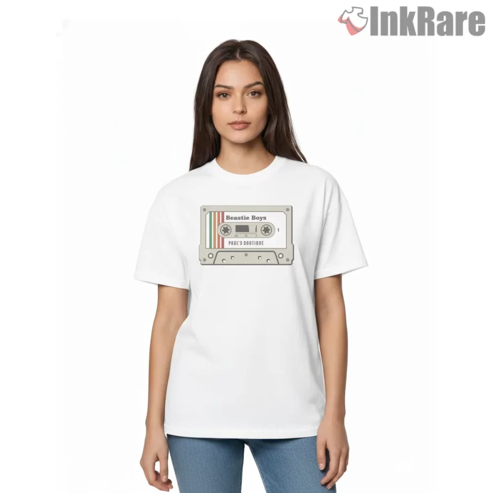 Vintage Beastie Boys Pauls Boutique Cassette Shirt on white short sleeve shirt for women graphic tee