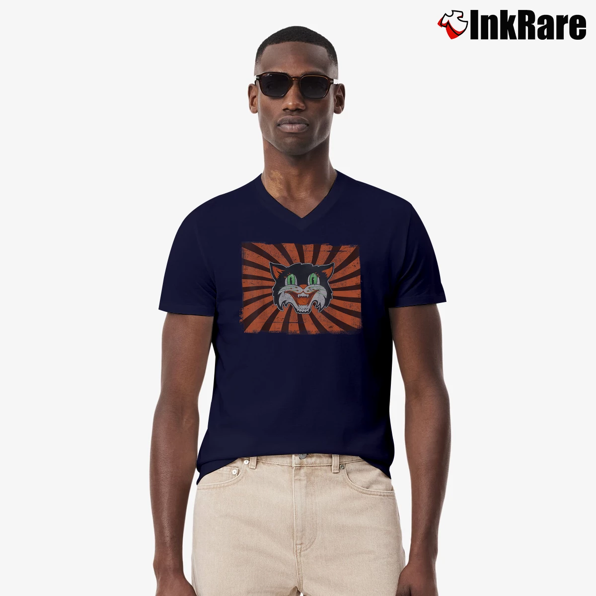 Men’s Vintage Black Cat Lover Retro Halloween V-Neck Tee in navy | Sharp, Breathable, Everyday Staple