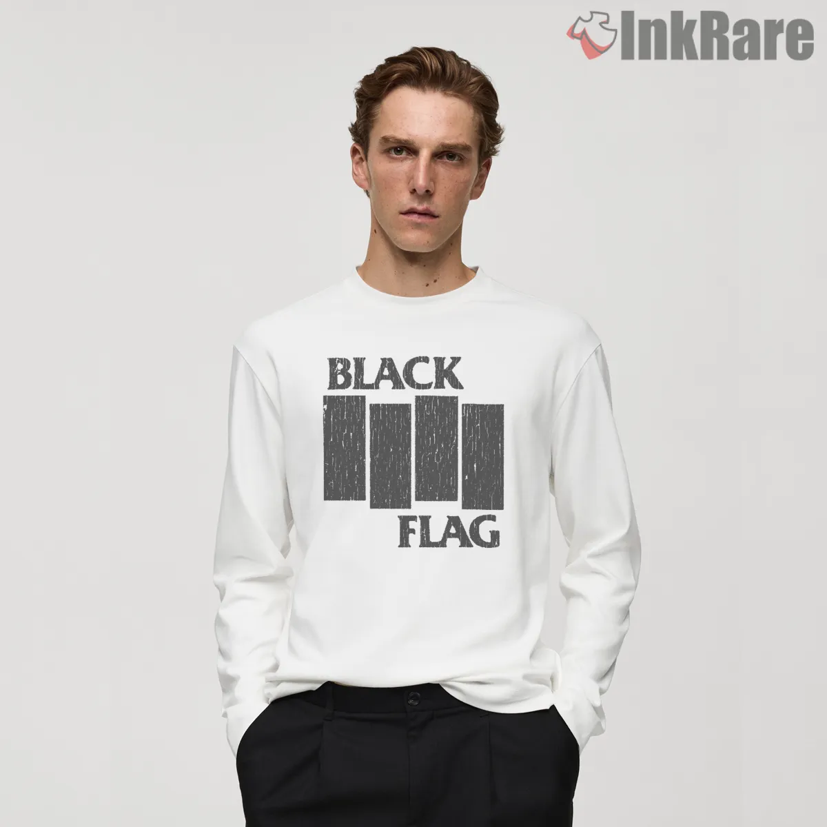 Vintage Black Flag Distressed Bars Shirt on white long sleeve shirt for men graphic tee