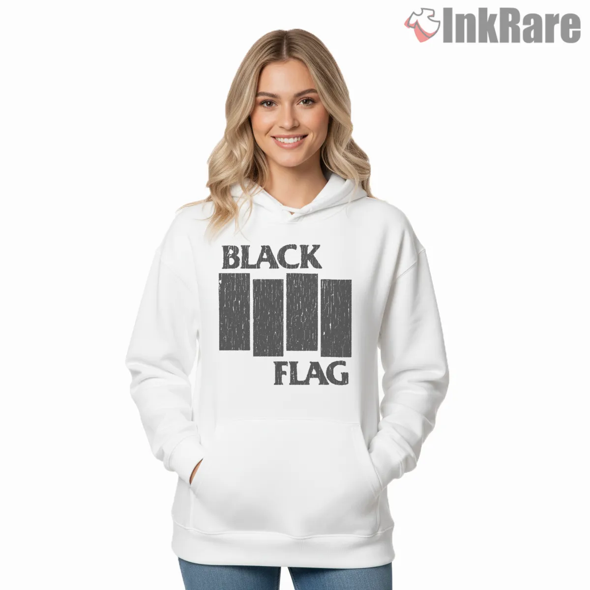 Vintage Black Flag Distressed Bars Hoodie White Vintage Black Flag Distressed Bars Shirt on white hoodie for women graphic tee