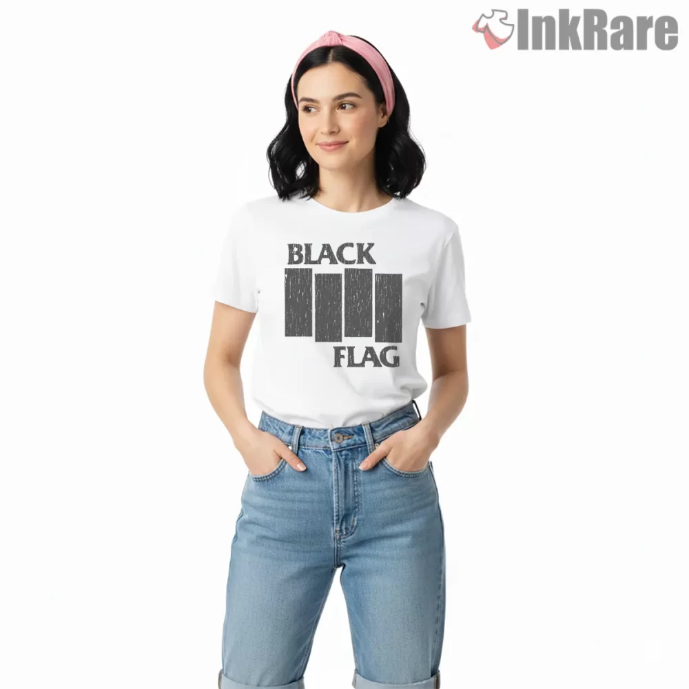 Vintage Black Flag Distressed Bars Shirt on white short sleeve shirt for women graphic tee