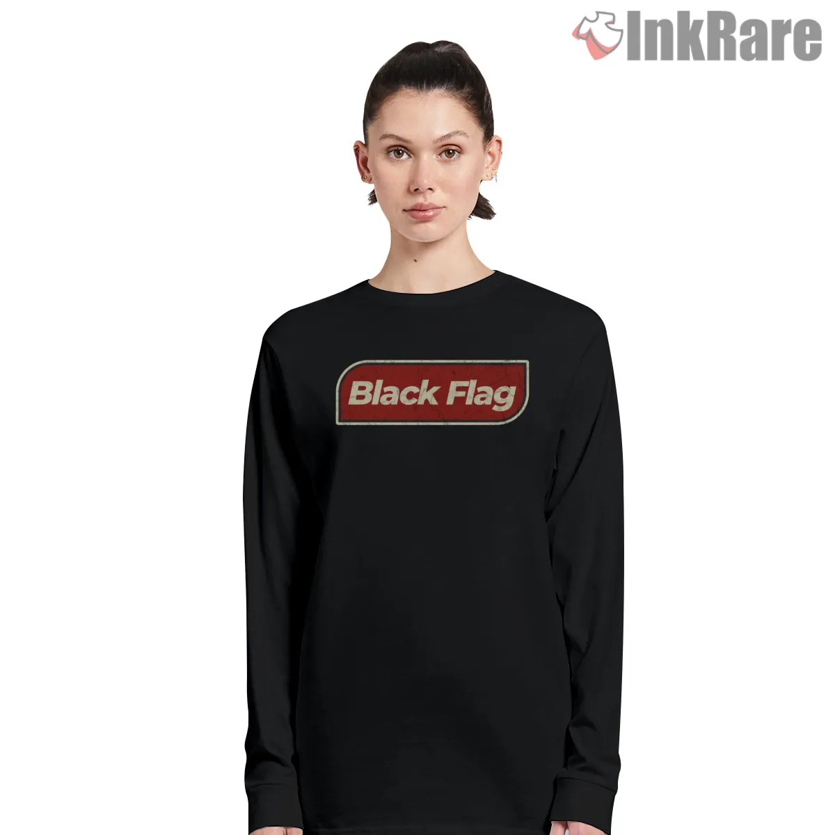 Vintage Black Flag Red Script Logo Shirt on black long sleeve shirt for women graphic tee