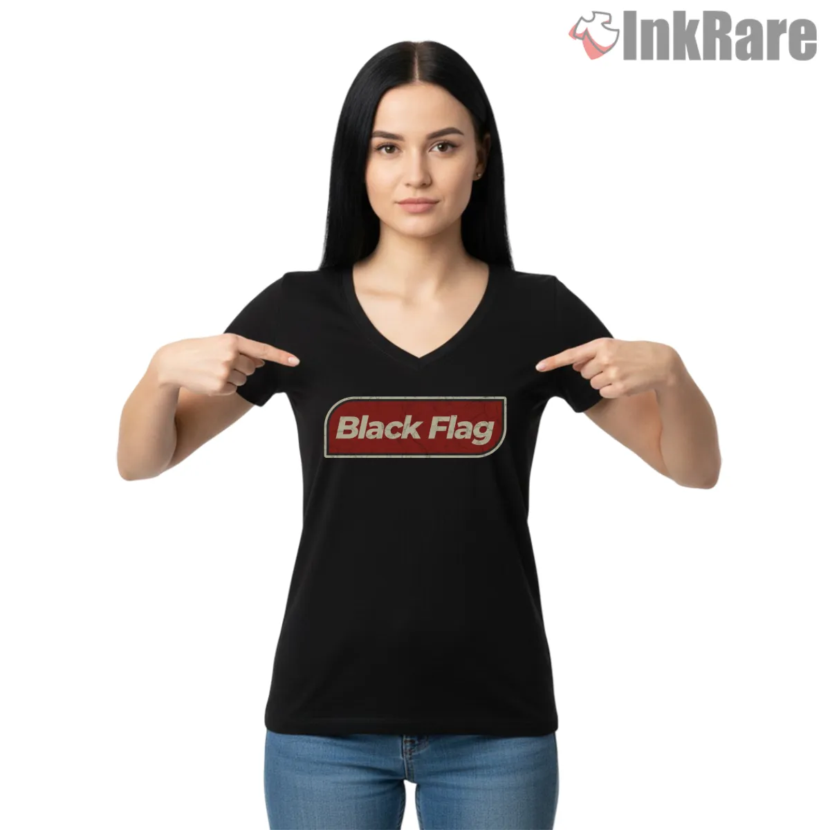 Vintage Black Flag Red Script Logo V Neck Black Vintage Black Flag Red Script Logo Shirt on black v-neck shirt for women graphic tee