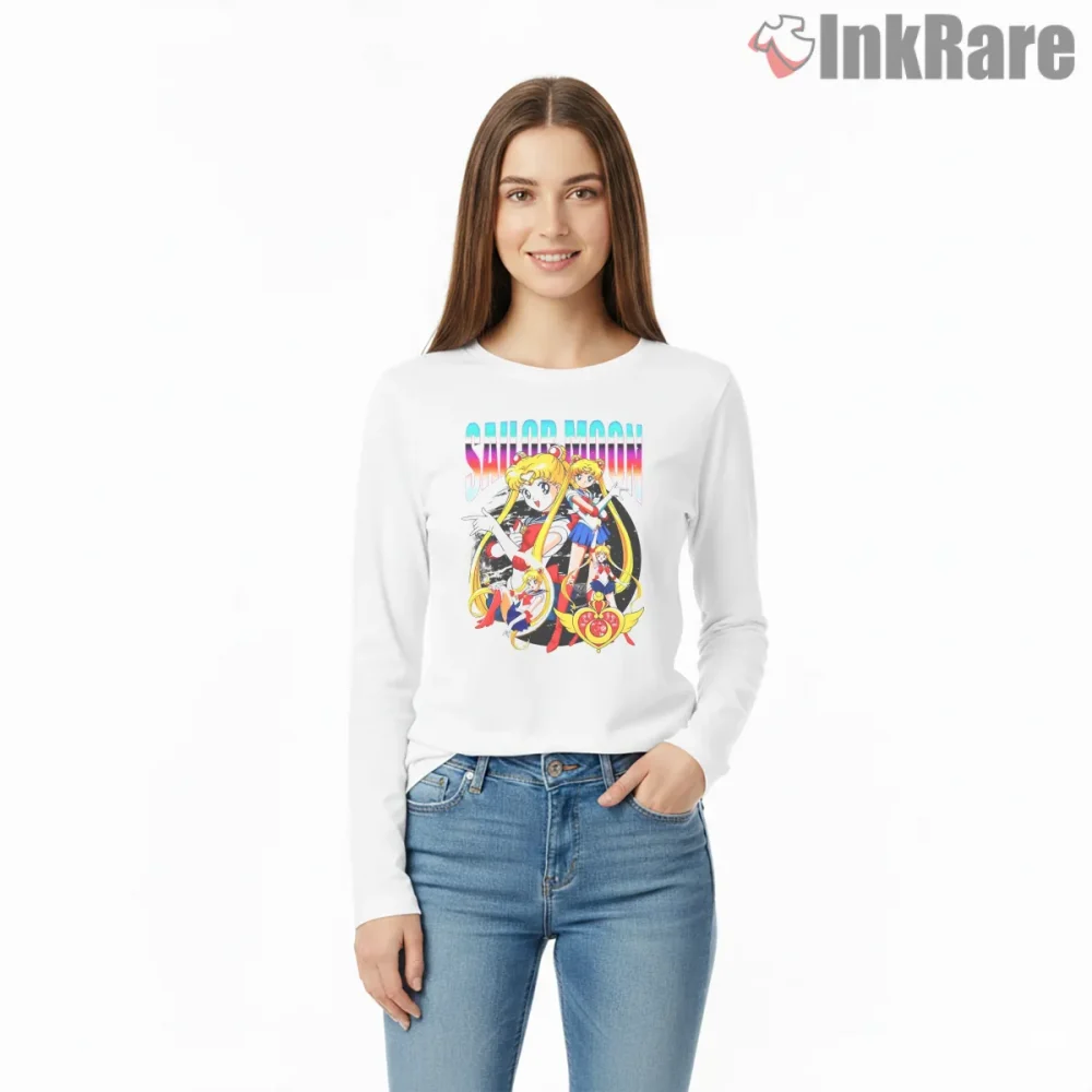 Vintage Cartoon Sailor Moon Team Anime Shirt on white long sleeve shirt for women graphic tee