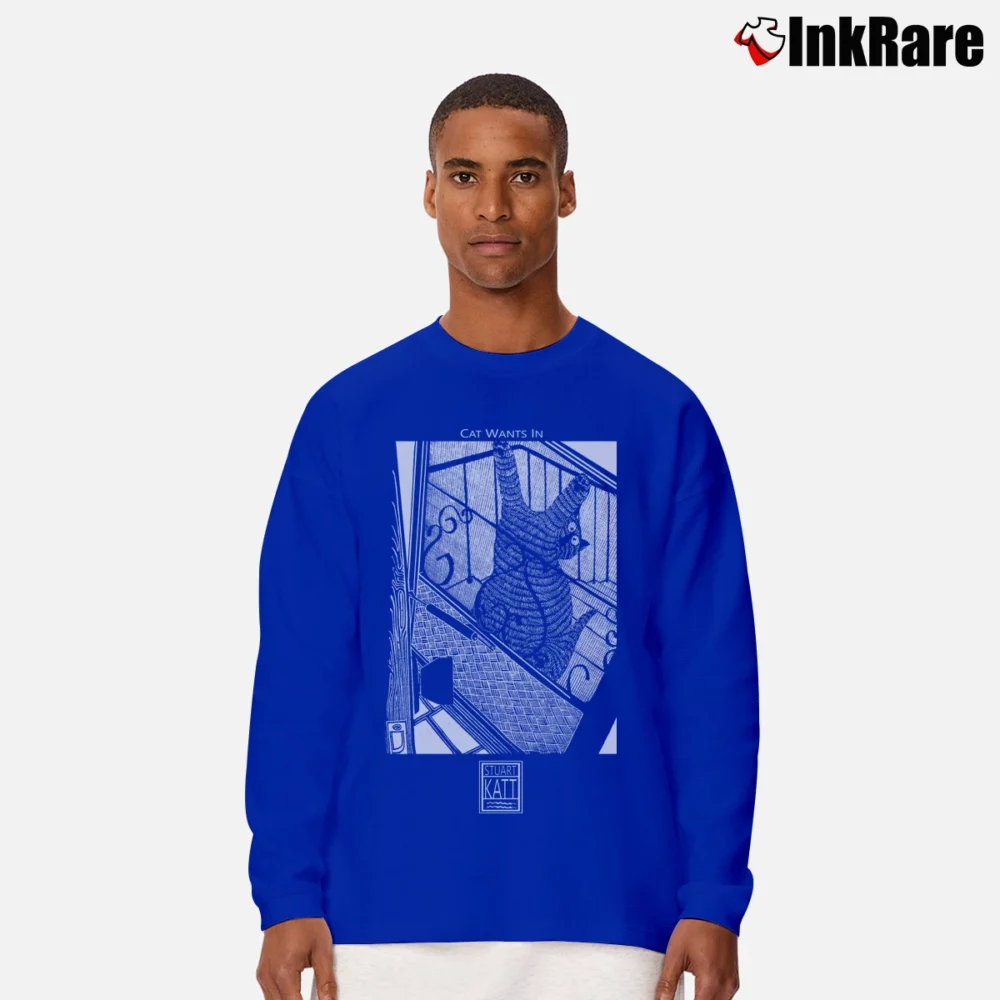 Men’s Vintage Cat Wants In Funny Stuart Katt Long-Sleeve Shirt in royal blue | Sleek, Lightweight, Year-Round Wear