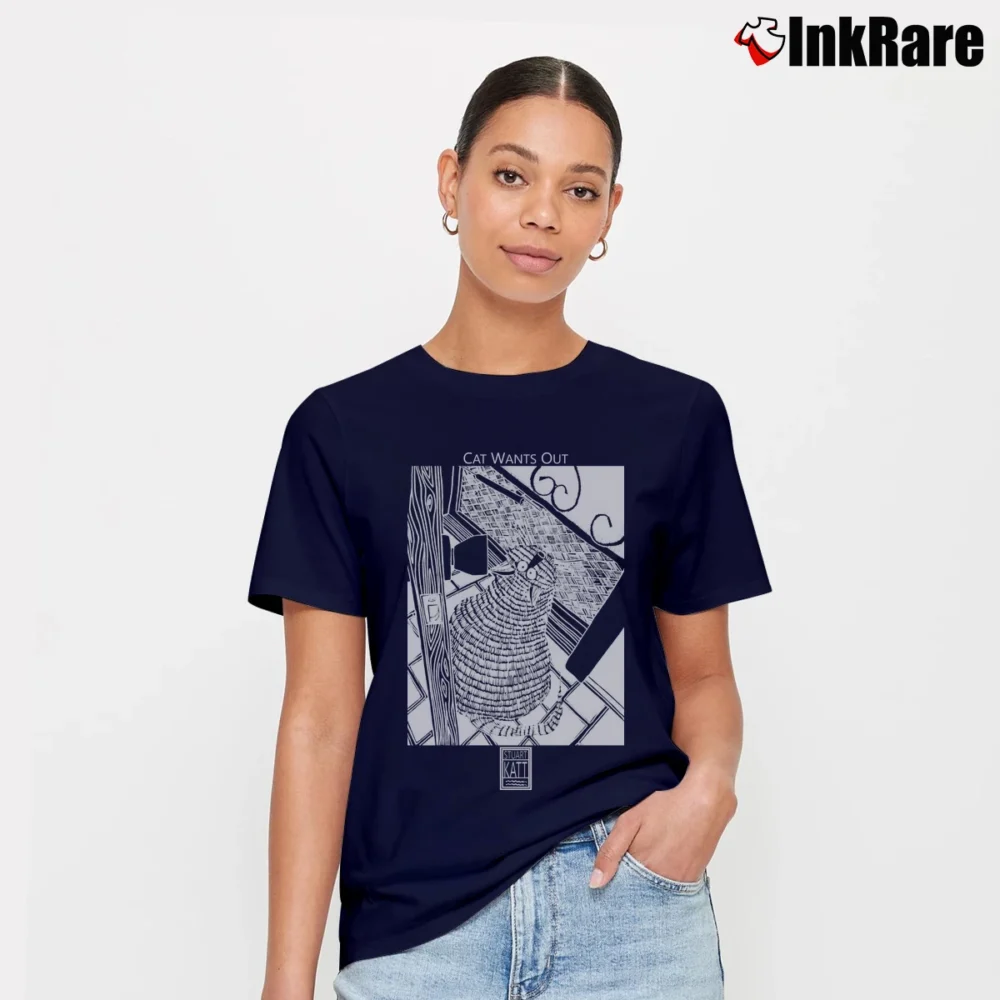 Women’s Vintage Cat Wants Out Funny Stuart Katt Signature T-Shirt in navy | Soft, Flattering Fit