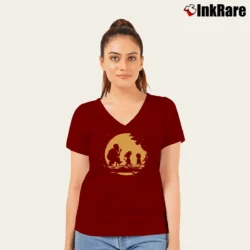 Women’s Vintage Dragon Ball Z Goku Krillin Master Roshi Trio V-Neck Tee in maroon | Chic Neckline, Soft Texture