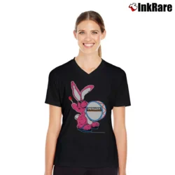 Women’s Vintage Energizer Bunny Graphic Nothing Last Longer V-Neck Tee in black | Chic Neckline, Soft Texture