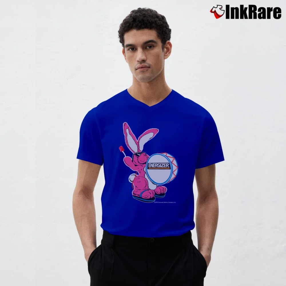 Men’s Vintage Energizer Bunny Graphic Nothing Last Longer V-Neck Tee in royal blue | Sharp, Breathable, Everyday Staple