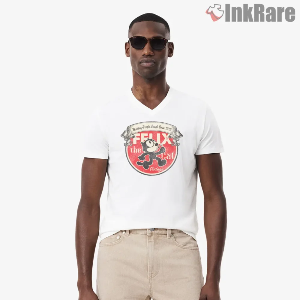 Vintage Felix Circle Laughing Mascot Art Shirt on white v-neck shirt for men graphic tee