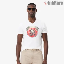 Vintage Felix Circle Laughing Mascot Art Shirt on white v-neck shirt for men graphic tee
