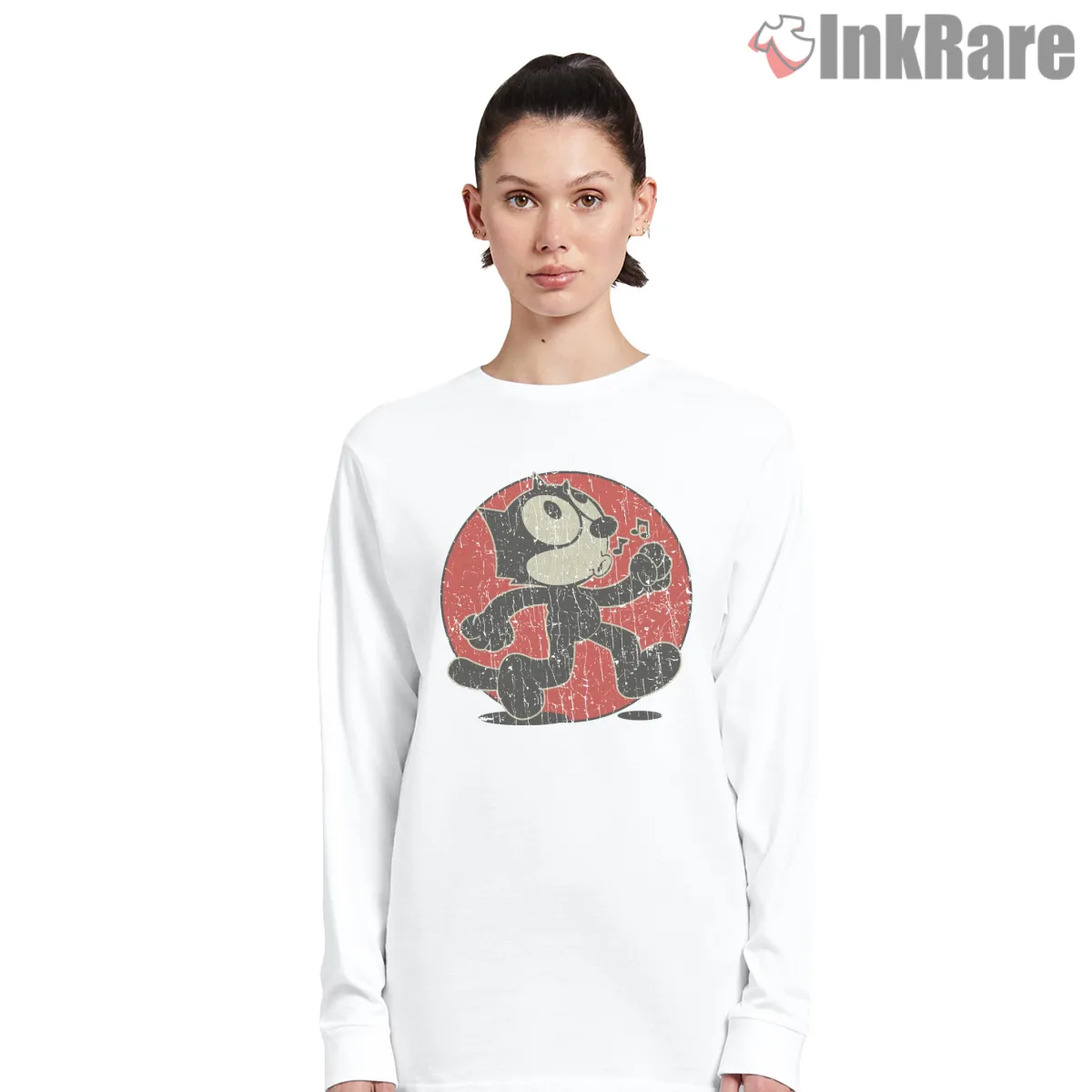 Vintage Felix The Cat Bold Red Circle Long Sleeve White Vintage Felix The Cat Bold Red Circle Shirt on white long sleeve shirt for women graphic tee