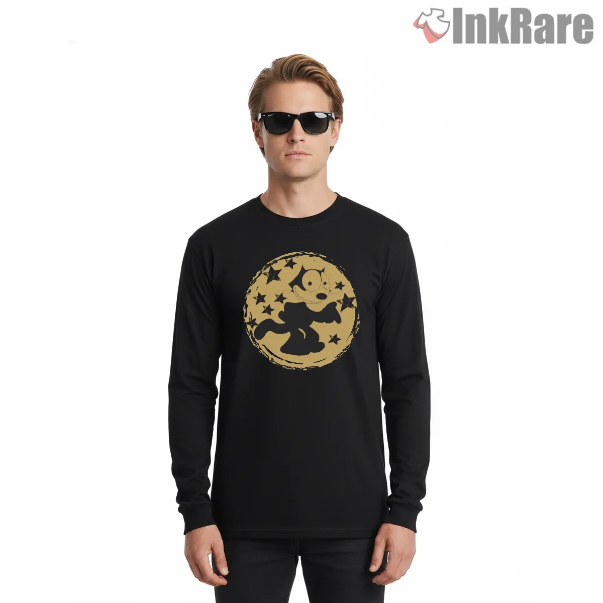 Vintage Felix The Cat Star Circle Shirt on black long sleeve shirt for men graphic tee