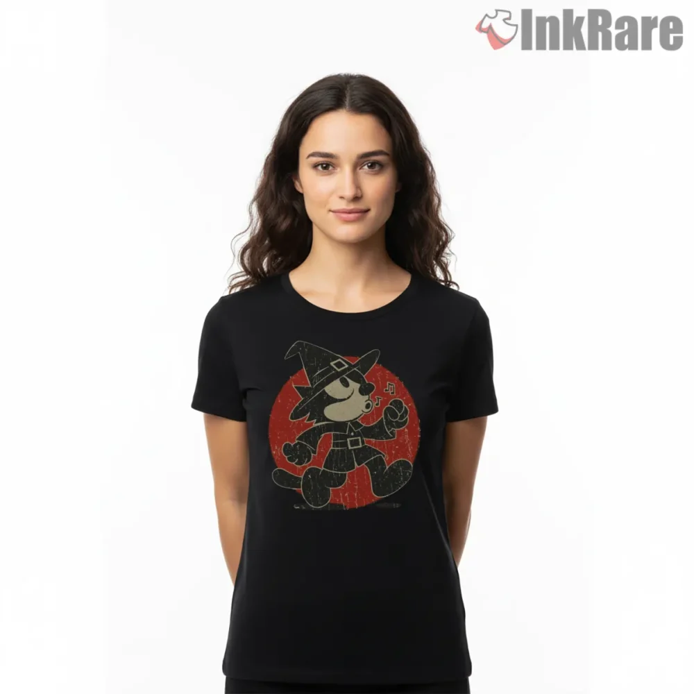 Vintage Felix The Cat Witch Hat Broom Shirt on black short sleeve shirt for women graphic tee