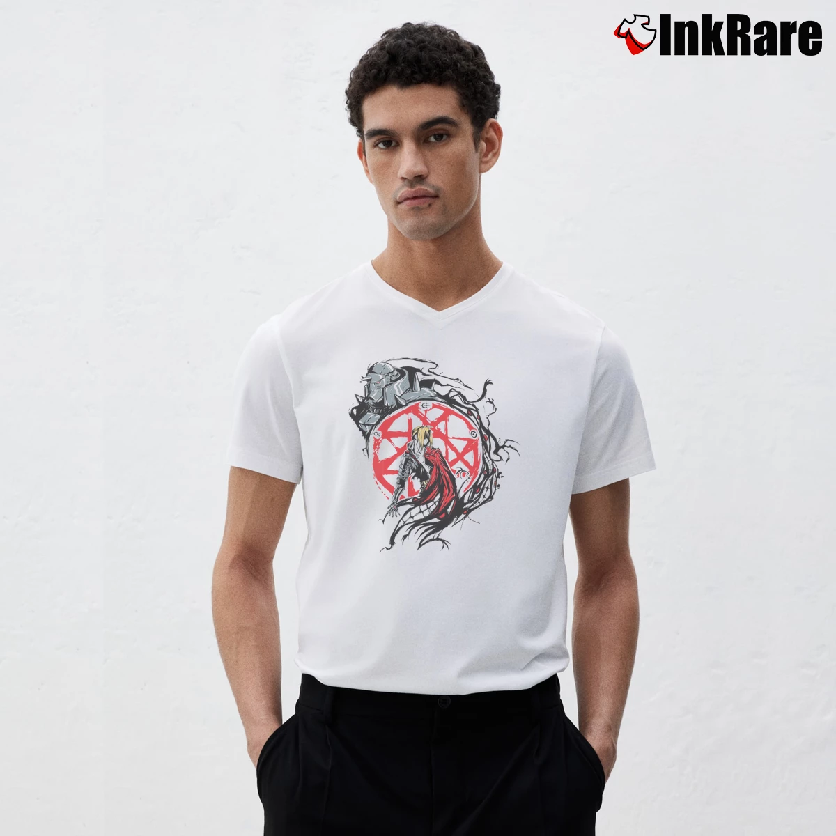 Men’s Vintage Fullmetal Alchemist Brotherhood V-Neck Tee in white | Sharp, Breathable, Everyday Staple